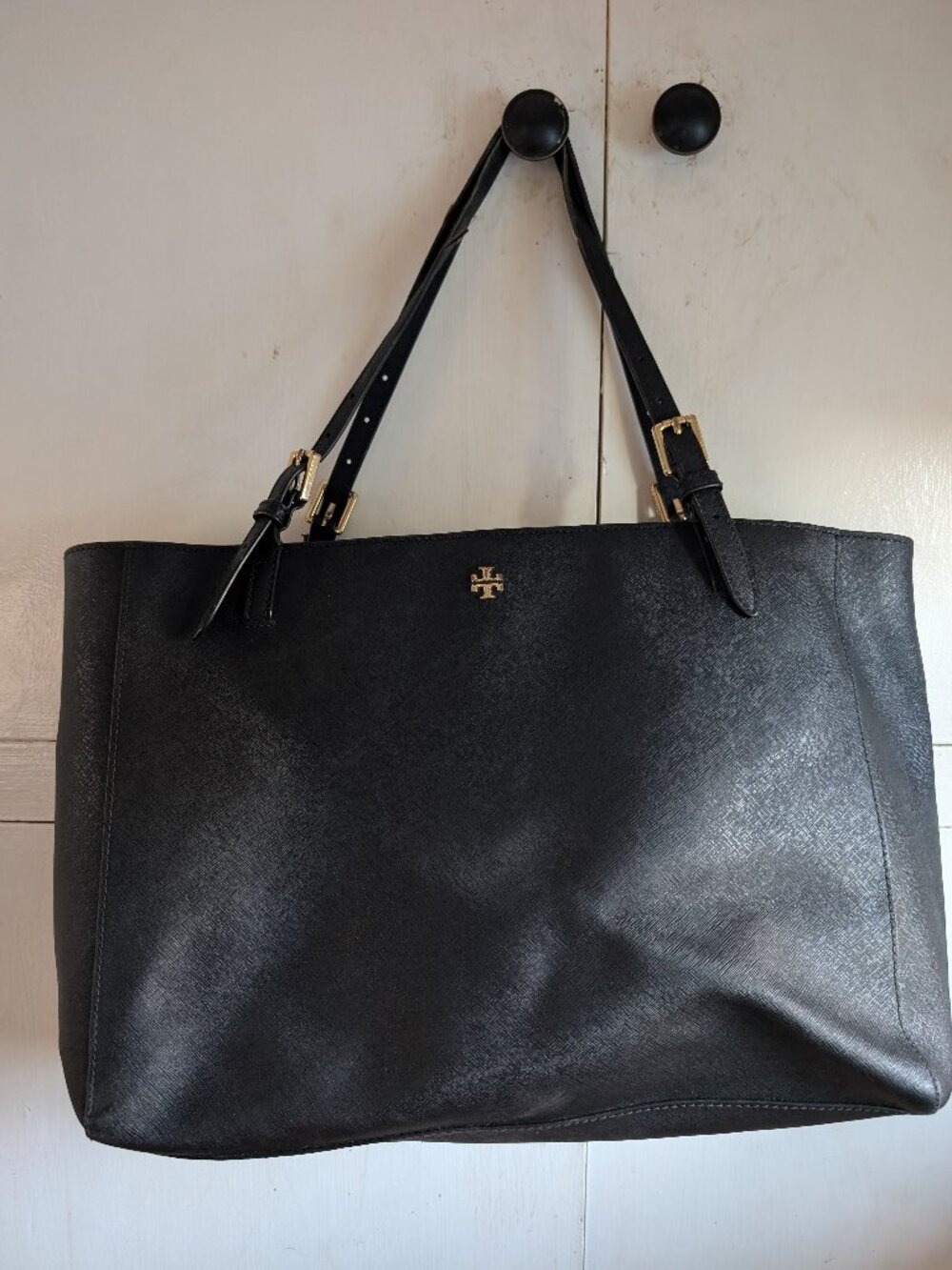 Tory Burch Black Large Emerson Saffiano Leather 17" Laptop Tote Flaws Well Loved